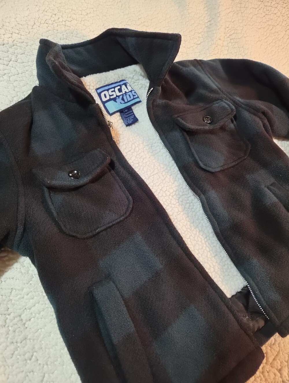 Oscar Kids Green & Black Checked Sherpa Lined Fleece Jacket
